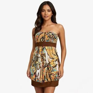 Vintage Y2K XOXO Strapless Paisley Dress M Brown Stretch Made in USA Retro Boho